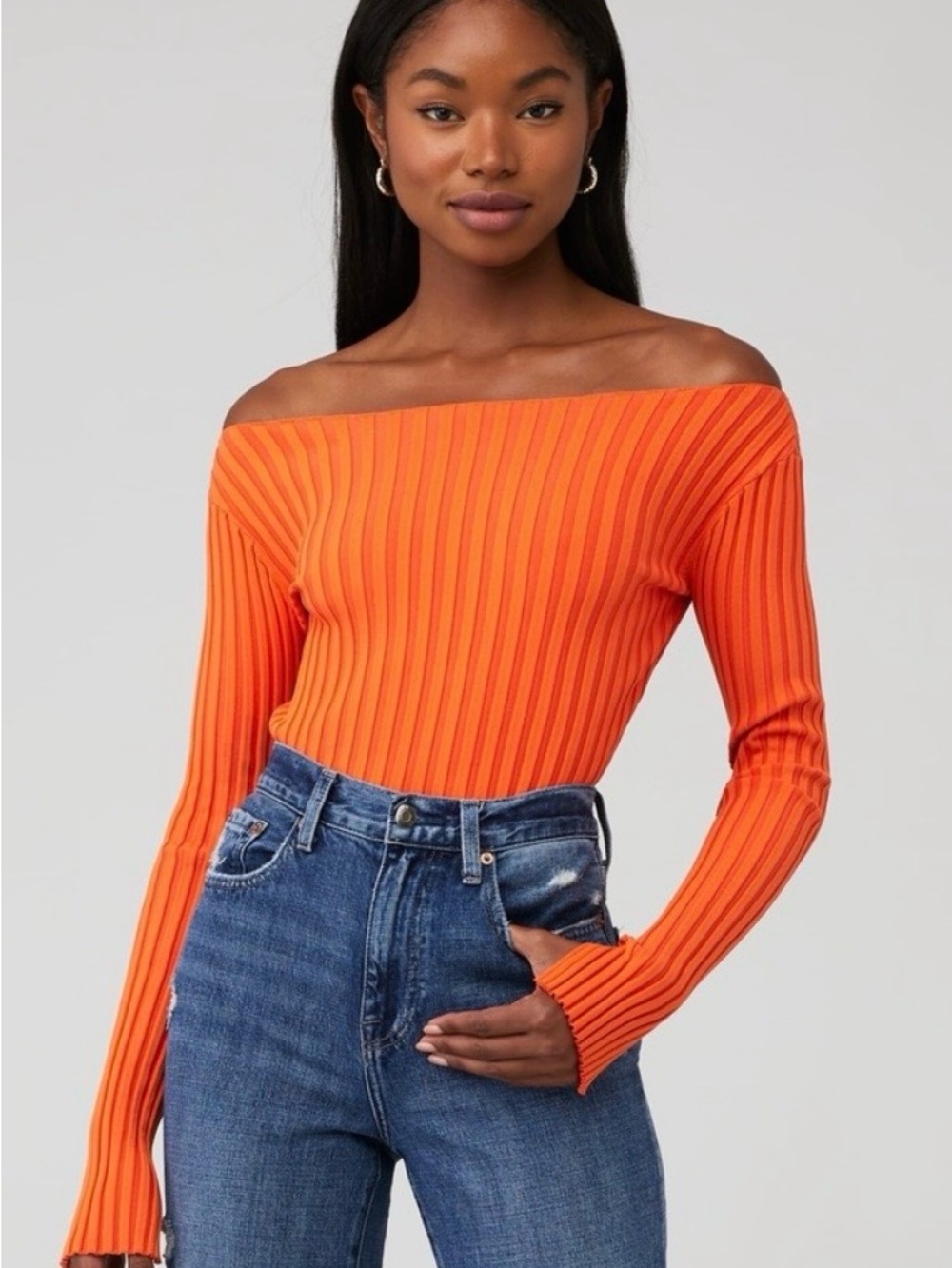 Astr the Label Off-Shoulder Ribbed Long Sleeve Top